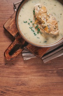 Chikhirtma chicken soup, Georgian dish, with lavash, top view, no people