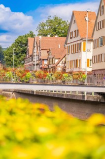 Summer view of half-timbered houses and a bridge along the river, small town of Perle Calw, Black