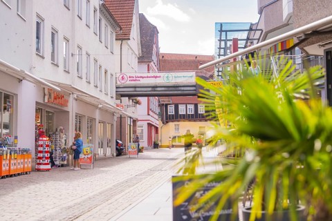 Modern shopping street with shops and passers-by on a sunny day, small town Perle Calw, Black