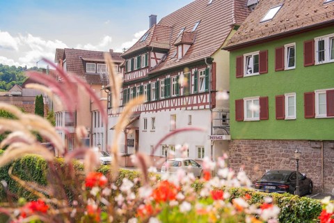 Street view with old houses and flowers offers a summery, historical impression, small town pearl