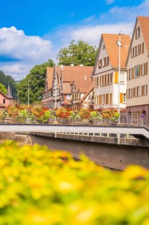 Summer city panorama with river, half-timbered houses and bridge under blue sky, small town pearl