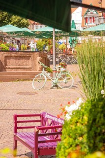 A sunny square with a decorative bicycle and flowers, small town pearl Calw, Black Forest, Germany