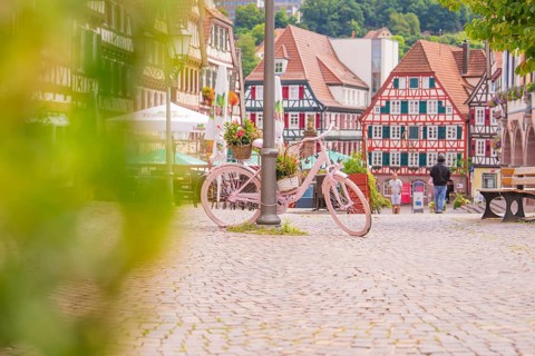 Pink bicycle with flowers in the foreground of a picturesque half-timbered old town with cobbled