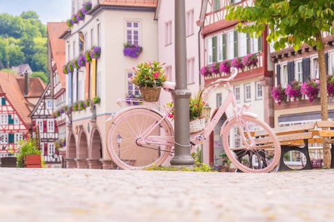 Pink bicycle with flower pots in front of historic half-timbered houses on a cobbled town square,