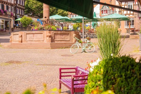 A lively square with a decorated bicycle and blooming fountain, small town pearl Calw, Black