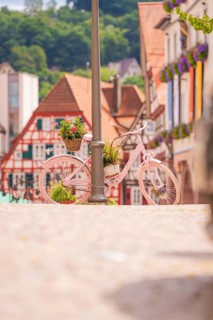 Pink bicycle leaning against a street lamp in a charming old town with red half-timbered houses,