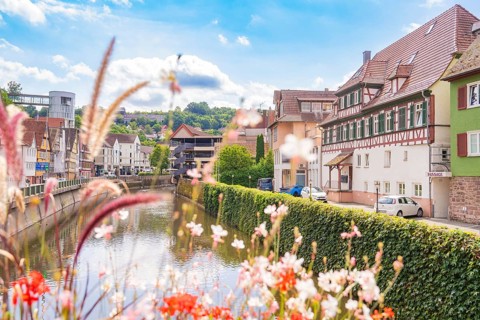 Idyllic river view with half-timbered houses and flowers in a summery atmosphere, small town pearl