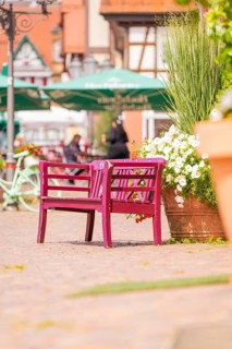 Pink bench with flowers in lively old town with cafés and summery atmosphere, small town pearl