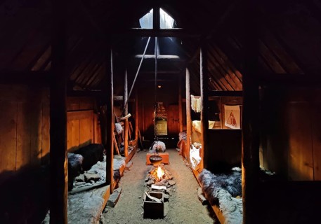 Interior view of Eiríksstadir, Viking-era longhouse, where the discoverer of America Leifur