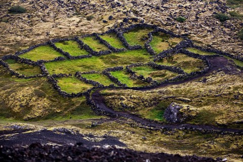 Gamla-Brekkurétt seen from the air next to the volcanic crater Stóra-Grábrók, Iceland