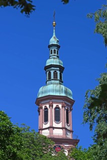 Tower of the Heilig-Kreuz church, foundation walls from the 13th century, rebuilt around 1700 after