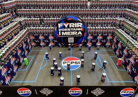 Football stadium built from beverage cans for the European Women's Championship in the supermarket,