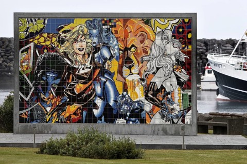 Tile mural by Erró, actually Gumundur Gumundsson in Ólafsvík, where he was born, in front of the