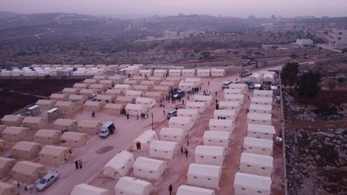 A general view of temporary camps and shelters set up for people displaced by the earthquake that
