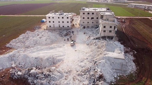 An aerial view shows the destruction of homes caused by the powerful earthquake that struck Turkey