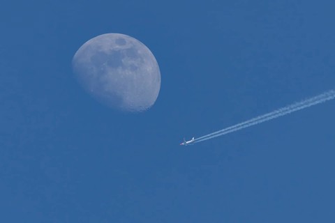 Boeing 737 jet passenger aircraft of Norweign Air with a vapour trial or contrail behind flying in