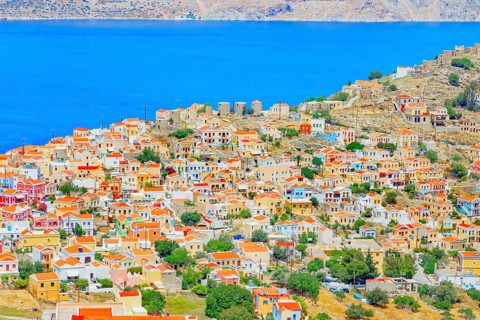 View over Chorio (upper town), Chorio, Symi Island, Dodecanese Islands, Greece