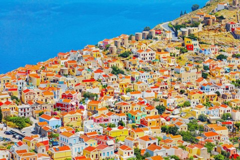 Chorio (upper town), high angle view, Chorio, Symi Island, Dodecanese Islands, Greece