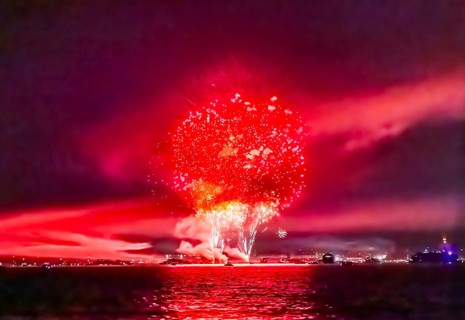 Lake Night Festival Constance. Water fireworks over the German shore and the neighbouring Swiss