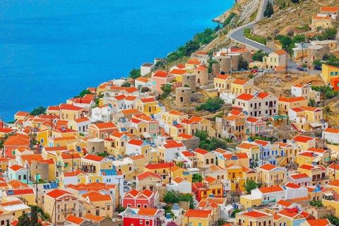 Chorio (upper town), high angle view, Chorio, Symi Island, Dodecanese Islands, Greece
