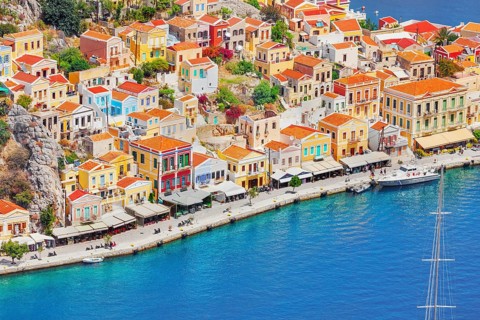 Gialos harbour, high angle view, Symi Island, Dodecanese Islands, Greece