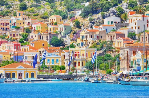 View of Gialos Harbour, Gialos, Symi Island, Dodecanese Islands, Greece
