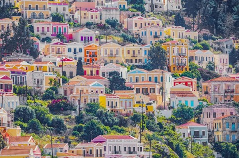 Colourful houses, Chorio, Symi Island, Dodecanese Islands, Greece