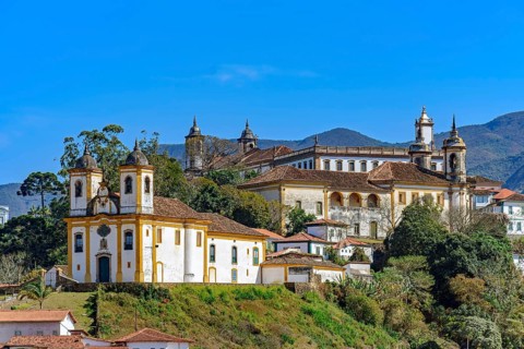 Antique baroque churches and historic buildings in the old city of Ouro Preto in Minas Gerais, Ouro