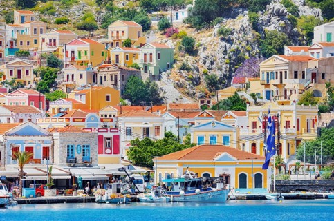 View of Gialos Harbour, Gialos, Symi Island, Dodecanese Islands, Greece