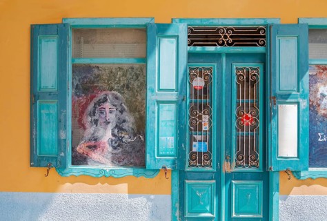 Painted outdoor cafe window, Gialos, Symi Island, Dodecanese Islands, Greece