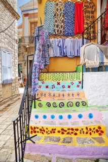 Old town painted staircase, Gialos, Symi Island, Dodecanese Islands, Greece