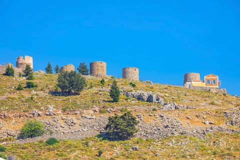 Traditional windmills, Chorio, Symi Island, Dodecanese Islands, Greece