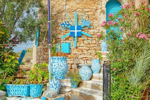 Traditional windmill entrance, Chorio, Symi Island, Dodecanese Islands, Greece