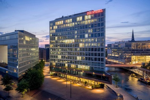 Aerial view of the Spiegel building at Ericusspitze in Hamburg's HafenCity in the Brooktorkai