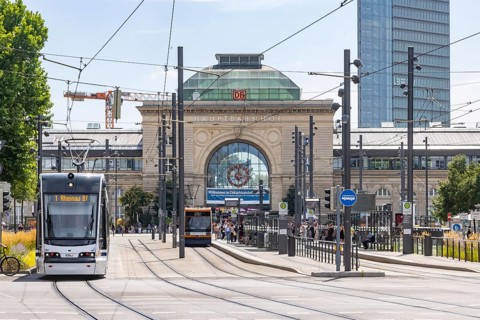 Rhein-Neckar-Verkehr GmbH (rnv) tram travelling through the city of Mannheim. Central station.