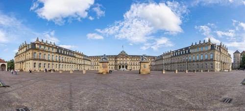 New Palace with Palace Square. Panoramic photo. Stuttgart, Baden-Württemberg, Germany