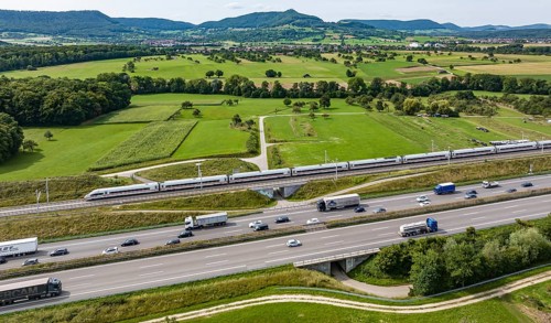A8 motorway near Kirchheim unter Teck. The route of the new high-speed railway line from Stuttgart