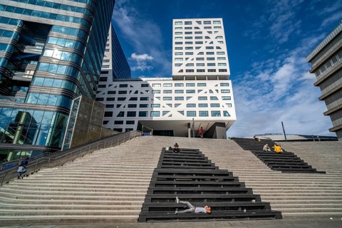 Skyline at Jaarbeursplein at Utrecht Centraal railway station, Stadskantoor building, municipal