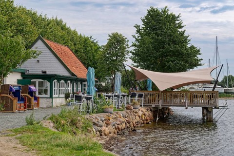 Restaurant Strandhalle on the banks of the Schlei in the town of Arnis, the smallest town in