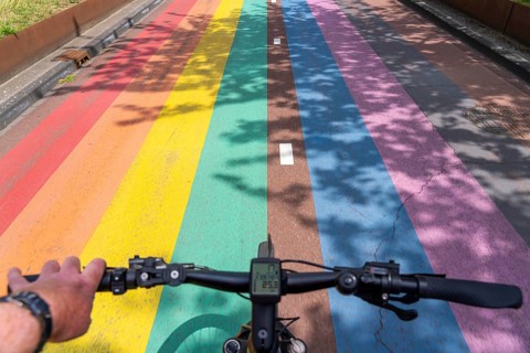 Rainbow cycle path through the university campus in Utrecht Science Park, 570 metres long, Utrecht