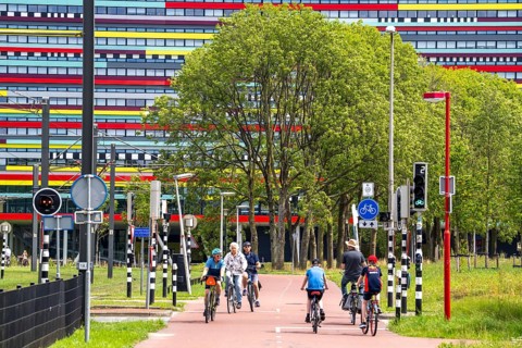 Cycle path through the university campus in Utrecht Science Park, Utrecht University, colourful