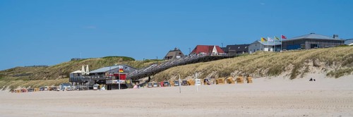 Restaurant and beach crossing, panorama format, Wenningstedt, Sylt, North Frisia,