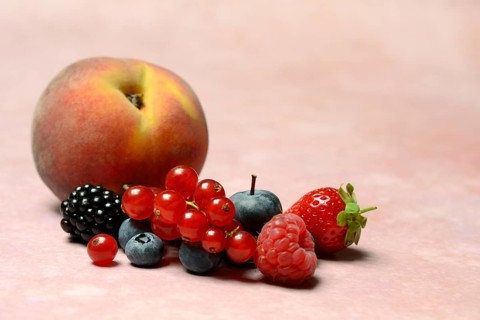 Various fruits, redcurrant, peach, strawberry, blueberry, blackberry, raspberry