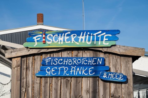 Sign Fischerhütte, restaurant, outer harbour, Husum, North Frisia, North Sea, Schleswig-Holstein,