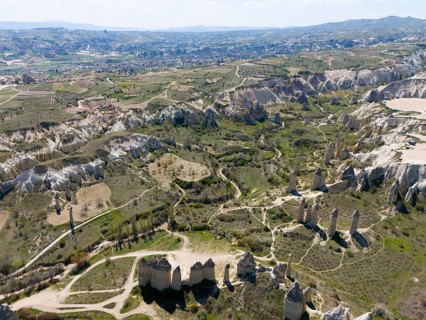 Panoramic view of breathtaking landscapes and formations in Cappadocia, aerial view, Love Valley,