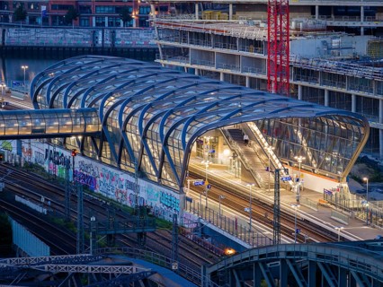 Aerial view of the Hamburg Elbbrücken U4 underground and S-Bahn station at blue hour, Hamburg,