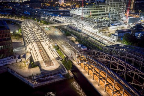 Blue hour aerial view of the Hamburg Elbbrücken U4 underground and suburban railway station and the