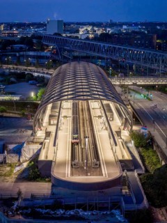 Aerial view of the Hamburg Elbbrücken U4 underground and S-Bahn station at blue hour, Hamburg,