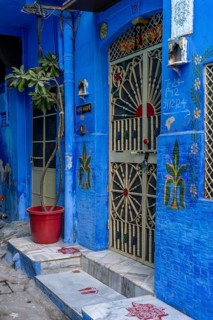 Entrance of a blue house, Blue City, Gulab Sagar, Jodhpur, Rajasthan, India