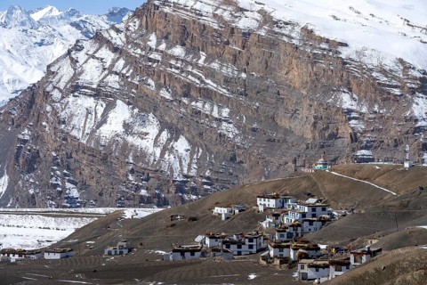 Langza, with snow-capped mountains in the background, Himalayas, Spitital, Kaza, Himachal Pradesh,
